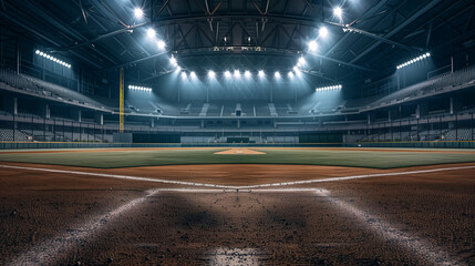Empty baseball arena, stadium, sports ground with flashlights an