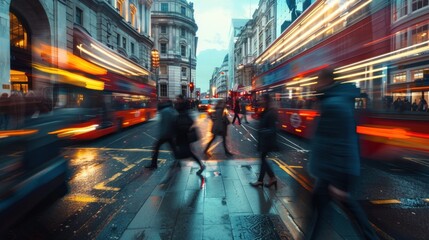 Wide-angle shot of London cityscape, people crossing road in motion blur. - obrazy, fototapety, plakaty