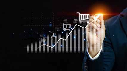 Sale growth concept. Businessman touching graph of increase in sales volume with shopping cart on virtual screen for ecommerce growth.
Businessman pointing arrow graph corporate future growth plan