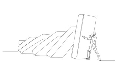 Continuous one line drawing of businessman stopping domino effect, risk management, preventing damage from crisis concept, single line art.
