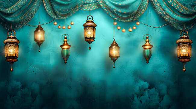 A golden Ramadhan lamp with Islamic on abstract blue background. Islamic festive greeting card photo. eid mubarak background	
