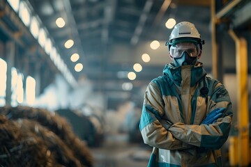 Fototapeta premium Industrial Worker in Protective Gear: A Glimpse into the Sustainable Energy Production of a Biomass Power Plant