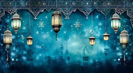 A golden Ramadhan lamp with Islamic on abstract blue background. Islamic festive greeting card photo. eid mubarak background	
