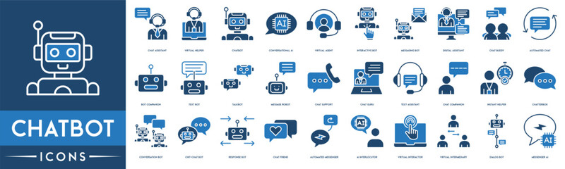 ChatBot icon set. Included the icons as Chat Assistant, Virtual Helper, AI Chatbot, Messaging Bot, Automated Chat, Bot Companion, Message Robot, Conversation Bot, Chat Friend, Dialog Bot and Messenge