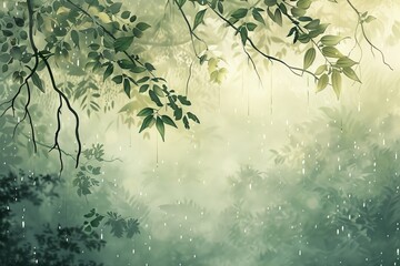 A tranquil wallpaper illustration depicting a rainy forest scene, with droplets clinging to leaves and branches and a soft mist hanging in the air, Generative AI