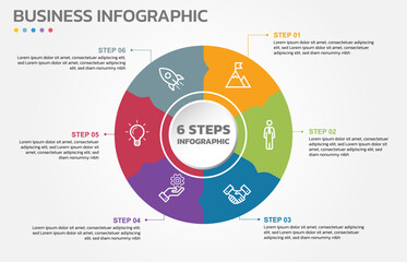Visual data presentation. Cycle diagram with 6 options. Pie Chart Circle infographic template with 6 steps, options, parts, segments. Business concept. Editable pie chart with sectors. 