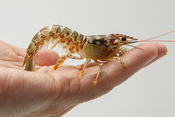 Hand holding tiger shrimp isolate on gray, conservation environment