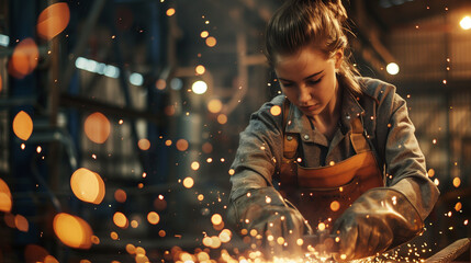 Woman welding in workshop with sparks flying around.