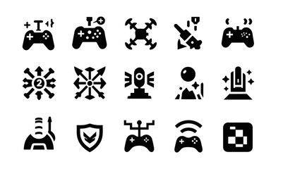 An icon set featuring black and white video game controllers. © Haque Design