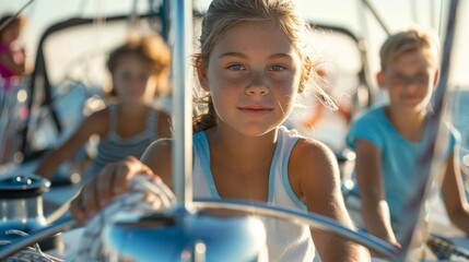 On the deck of the yacht a young girl confidently takes control of the helm steering the boat with precision and composure. The other children watch in admiration knowing - obrazy, fototapety, plakaty