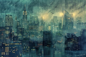 An atmospheric wallpaper illustration depicting a rainy day in the city, with skyscrapers disappearing into the clouds and rain-soaked streets shimmering under the glow of streetlights, Generative AI - obrazy, fototapety, plakaty