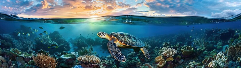 Majestic sea turtle graceful movements vibrant underwater landscapes exploring hidden shipwrecks mysterious marine life - obrazy, fototapety, plakaty