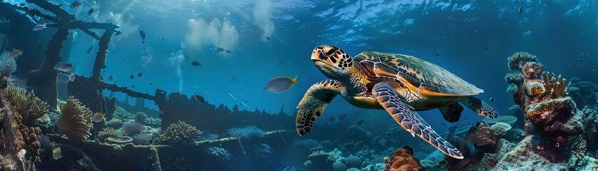 Obraz na płótnie Canvas Majestic sea turtle graceful movements vibrant underwater landscapes exploring hidden shipwrecks mysterious marine life