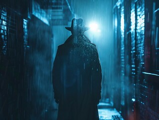 Mysterious detective rainsoaked streets noir setting cityscape backdrop cinematic render silhouette lighting lens flare - obrazy, fototapety, plakaty