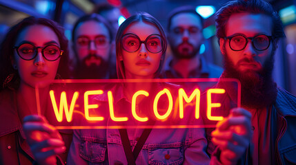 Employees holding a neon sign that reads &ldquo;WELCOME&rdquo; - new employee - first day at work - official greeting 