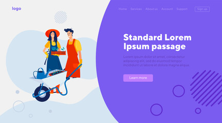 Couple of gardeners planting seedlings. Happy man and woman with wheelbarrow flat vector illustration. Gardening, outdoor activity, agriculture concept for banner, website design or landing web page