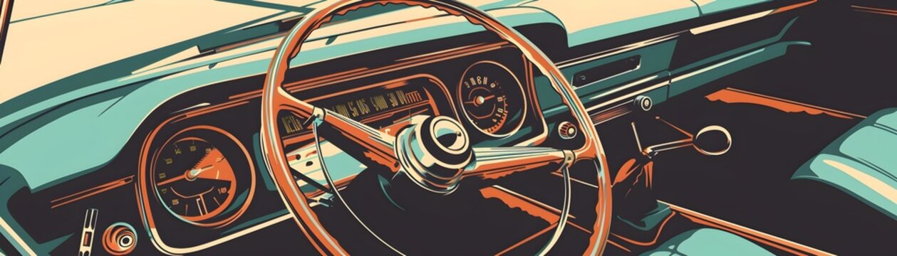 Classic Vintage Car Dashboard with Retro Gauges and Steering Wheel in Elegant Automotive Interior Design
