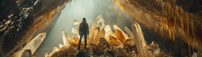 Crystal Formation Explorer Bold discoverer marveling at the stunning formations in a massive underground crystal cave photography golden hour vignette - obrazy, fototapety, plakaty