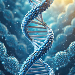 Blue DNA strand molecular structure model, DNA strands background. Double helix structure