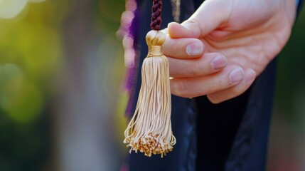 The tassel being held between two fingers ready to be flipped over to signify the end of one academic journey and the beginning of another. - obrazy, fototapety, plakaty
