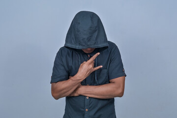 Anonymous expression of man on white background