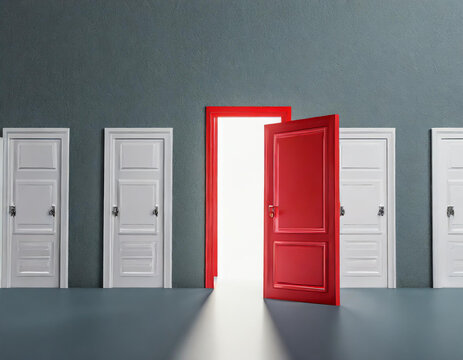 Business concept of choice many doors,Choose the right door for future success and open red door,choice path to goal success,Great life opportunity concept.3D rendering