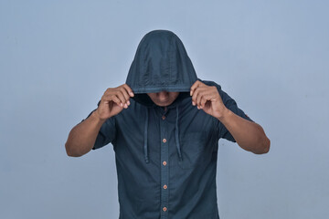 Anonymous expression of man on white background