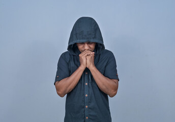 Anonymous expression of man on white background