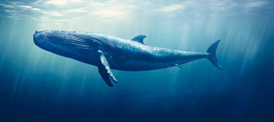 Humpback Whale Plays Near the Surface in Blue Water with cloudy sky - obrazy, fototapety, plakaty