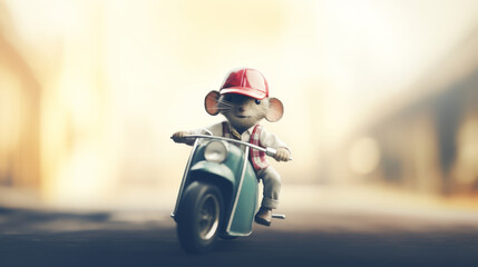 Fancy mouse riding a tiny motorcycle with a mini helmet - obrazy, fototapety, plakaty