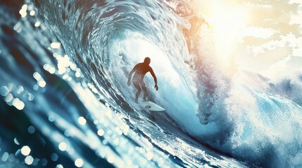 Surfer wetsuit riding huge waves catching the perfect barrel adrenaline rush 3D render sunlight chromatic aberration