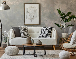 Creative composition of living room interior with mock up poster frame, white sofa, patterned pillow, wooden coffee table, stylish pouf, chrom lamp and personal silver accessories.
