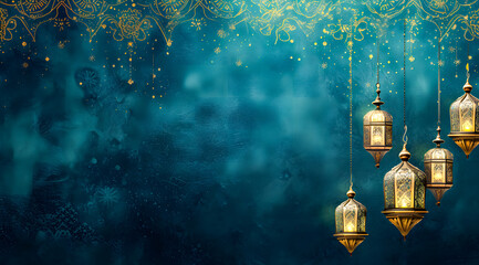 A golden Ramadhan lamp with Islamic on abstract blue background. Islamic festive greeting card photo. eid mubarak background
