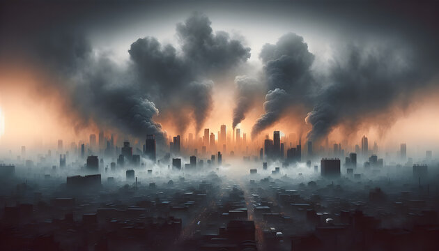 illustrates the theme of urban air pollution, capturing the obscured cityscape and the muted colors of dusk under a haze of smog