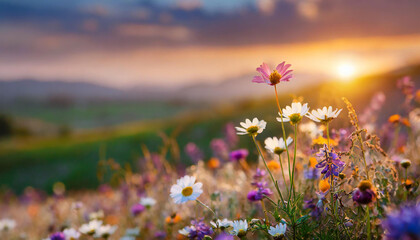 flower field; the sun in the evening; beautiful sunset light