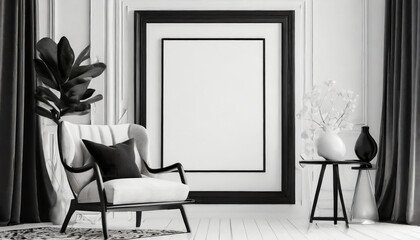 Frame mockup in an elegant black and white interior with armchair.