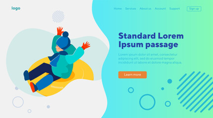 Happy boy sledging and having fun. Kid riding on snow tube flat vector illustration. Holiday, outdoor activity, winter vacation concept for banner, website design or landing web page