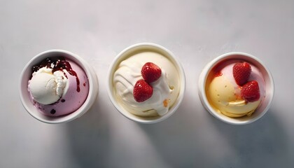 An overhead shot of three different ice cream cups, all filled with a creamy Stracciatella gelato and drizzled with different fruit sauces.