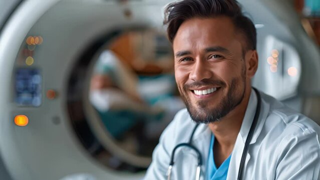 A man in a white coat stands in front of a medical imaging machine. He is smiling and he is happy