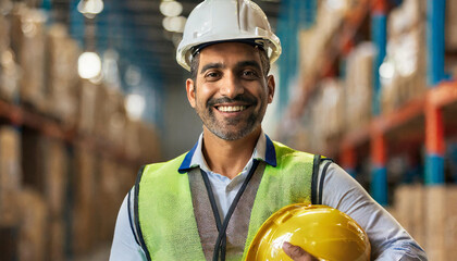 Mature warehouse worker in reflective safety vest and helmet, holding helmet under arm, smiling in a warehouse environment - obrazy, fototapety, plakaty