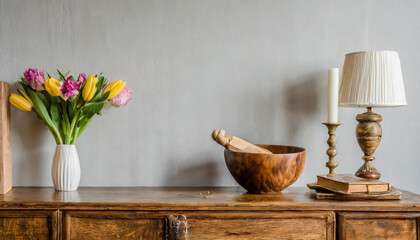 Minimalist composition of spring living room interior with wooden sideboard, stylish bowl, vase with colorful flowers, candle with candlestick and personal accessories - obrazy, fototapety, plakaty