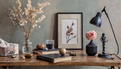 Minimalist composition of living room interior with mock up poster frame, wooden desk, books, lamp, sculpture, black stand, vase with dried flowers and personal accessories