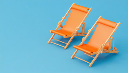 Orange beach chairs on blue background. Summer concept. 3d rendering copy space