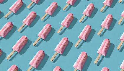 Pattern pink stick ice cream on blue background. Food summer concept. 3d rendering, copy space