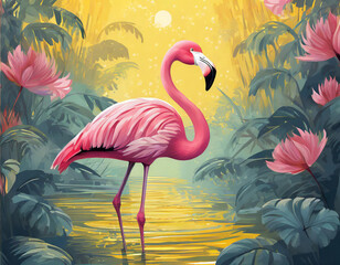 Pink flamingo in yellow background