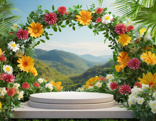 podium product display decorative with summer floral flower nature border frame showcase exhibition copyspace for advertisment nature background