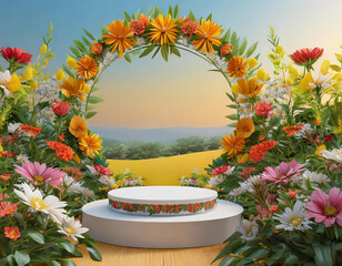 Fototapeta na wymiar podium product display decorative with summer floral flower nature border frame showcase exhibition copyspace for advertisment nature background