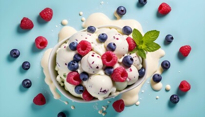 A creative image of a Stracciatella gelato mixed with fresh raspberries, blueberries, and mint...