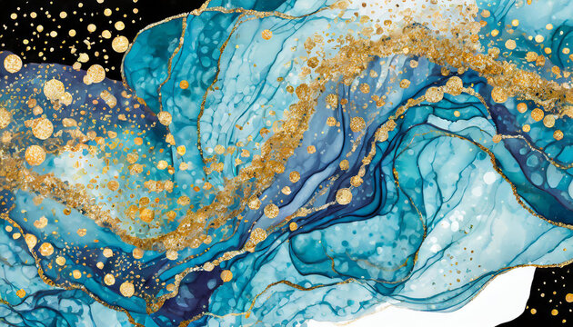 Pointillism Sea Glass of Alcohol Ink Blue and Gold Abstract Fluid Art
