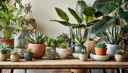 Foto op Canvas Stylish composition of home garden interior filled a lot of beautiful plants, cacti, succulents, air plant in different design pots. Home gardening concept Home jungle. Copy space © Verdiana